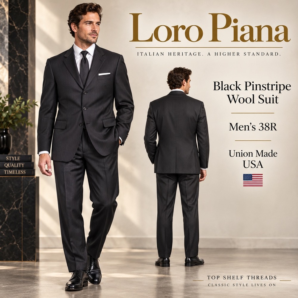 Loro Piana Daniel Cremieux Men 38R Black Pinstripe Wool 2Pc Suit Union Made USA